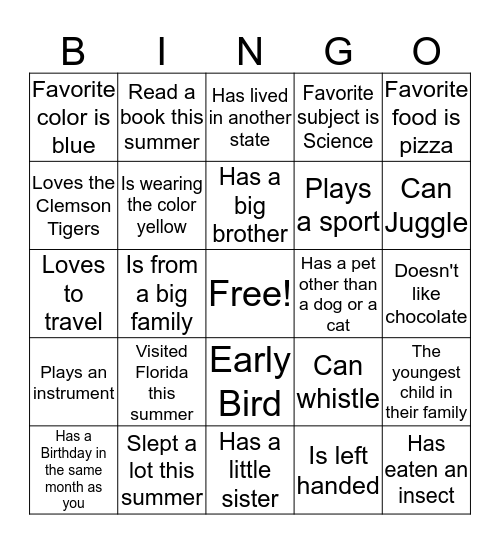 Get to Know You Bingo Card