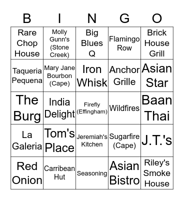 Restaurants Bingo Card