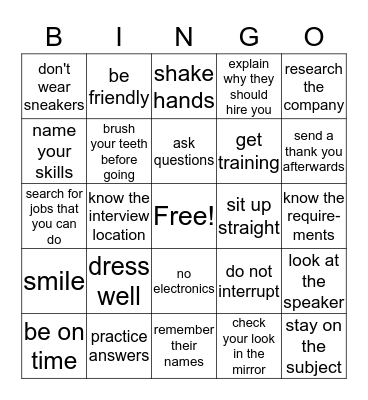 Job Interview Bingo Card