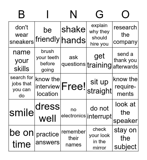 Job Interview Bingo Card