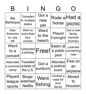 What I Did on My Summer Vacation Bingo Card