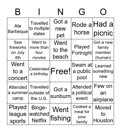 What I Did on My Summer Vacation Bingo Card