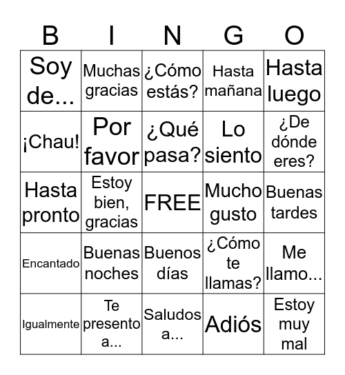 Vocabulario Bingo Card