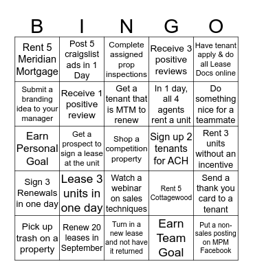 Leasing Agent Bingo Card