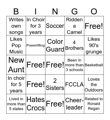 Women's Choir Bingo Card