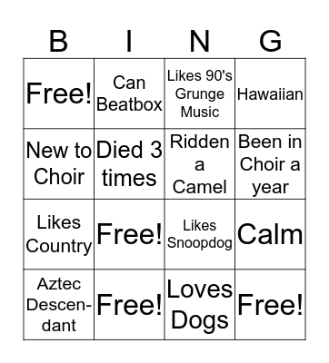 Men's Choir Bingo Card