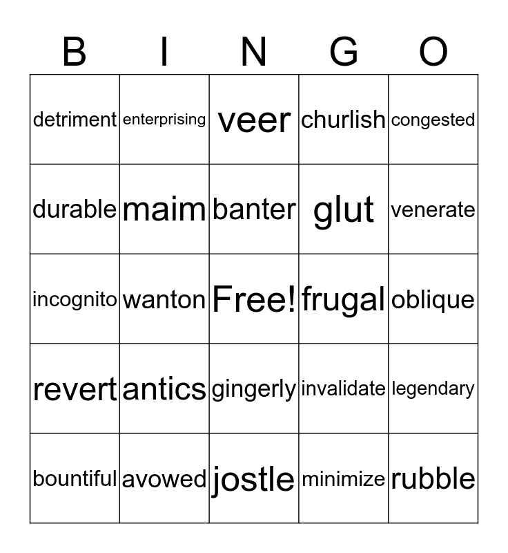Unit 2 Bingo Card