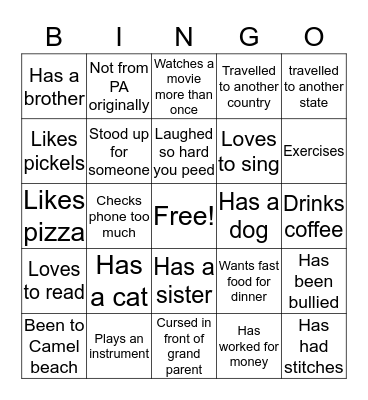 Find The Person Bingo Card