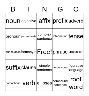 Grammar BINGO Card