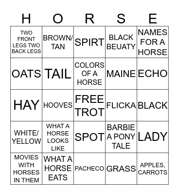 HORSE BINGO Card