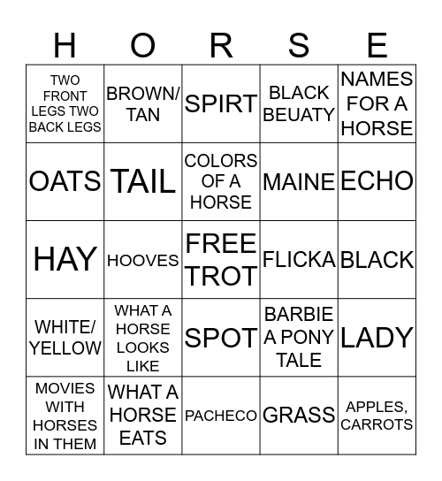 HORSE BINGO Card