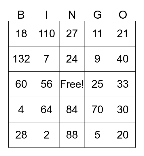 Multiplication and Division Bingo Card