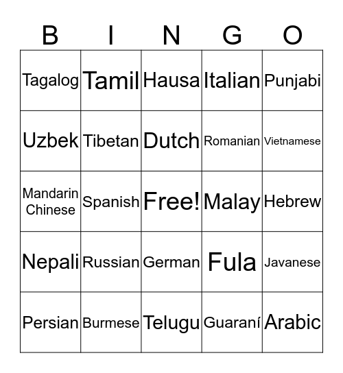 Global Languages Bingo Card