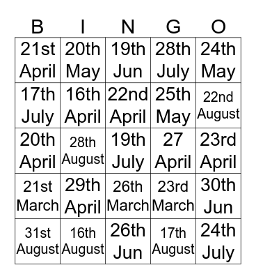 Dates Bingo Card