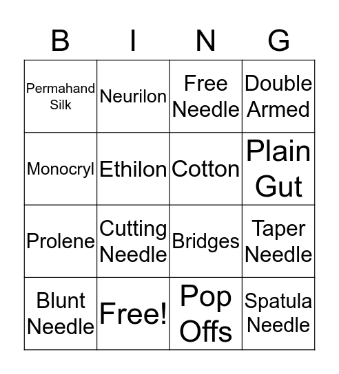 Suture Bingo Card