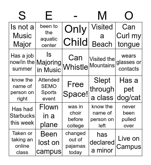 SEMO Choir Retreat Bingo Card