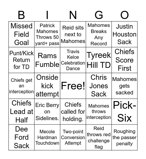 CHIEFS BINGO!  Bingo Card