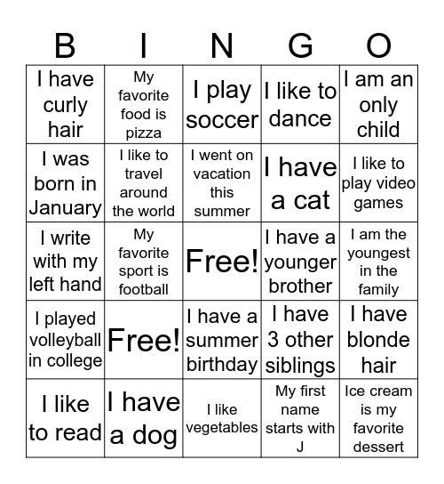 Get to Know Each Other Bingo Card