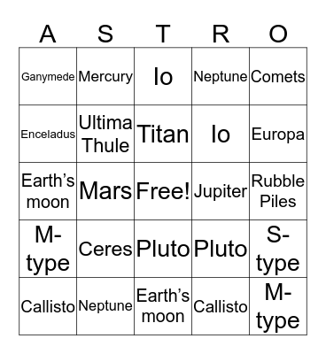 Planetary Objects Bingo Card