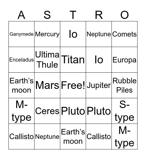Planetary Objects Bingo Card