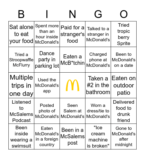 McDonald's Bingo! Bingo Card