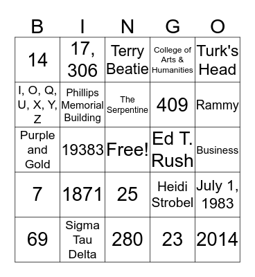 West Chester University Trivia Bingo Card