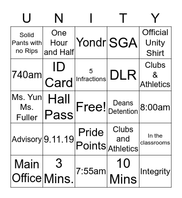 Unity Bingo Card