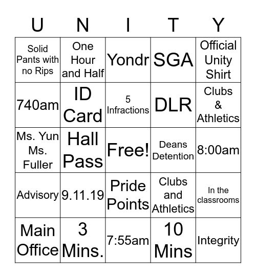 Unity Bingo Card