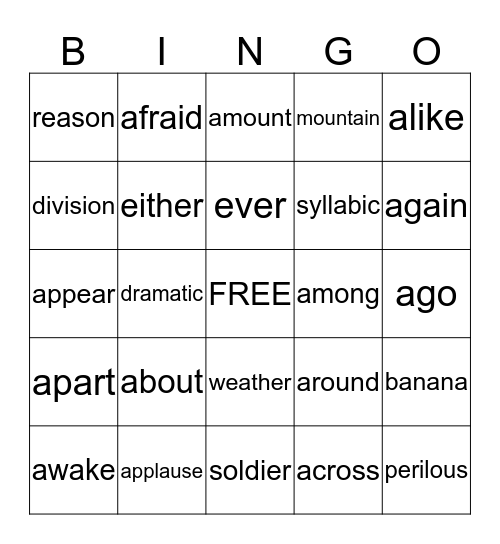 schwa Bingo Card