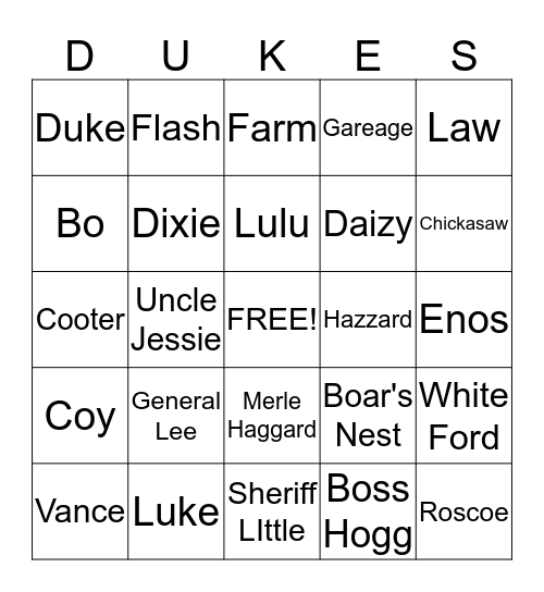 Dukes Of Hazzard Bingo Card