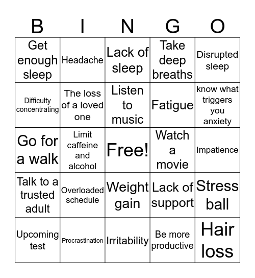 Stress management Bingo Card