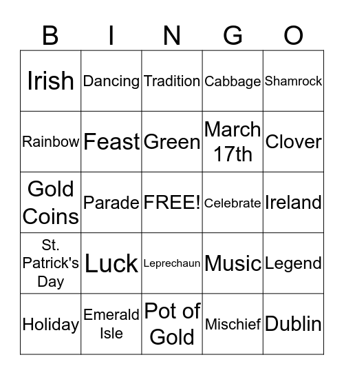 St. Patrick's Day Bingo Card