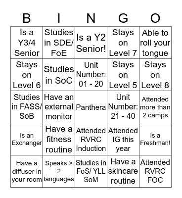 Know Your Neighbours! Get their Name + Room No.! Bingo Card