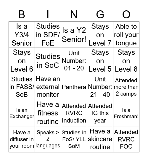 Know Your Neighbours! Get their Name + Room No.! Bingo Card