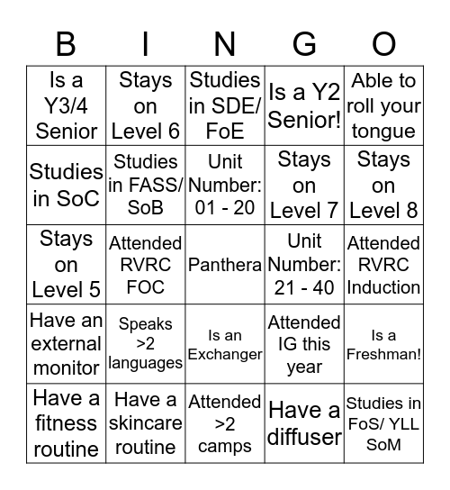 Know Your Neighbours! Get their Name + Room No.! Bingo Card