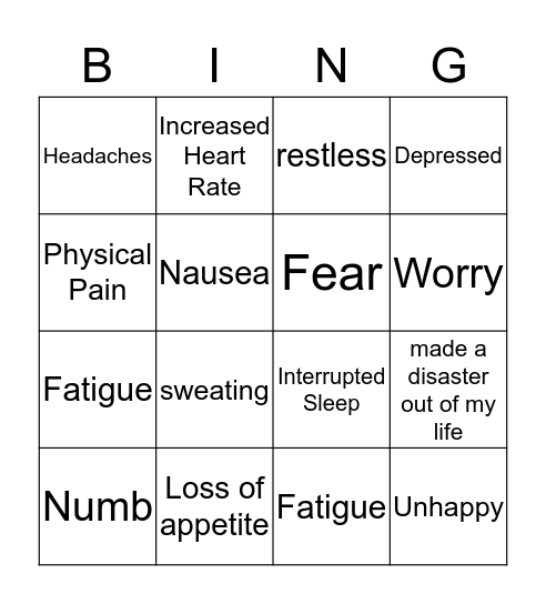 STRESS/ANXIETY SYMPTOMS Bingo Card