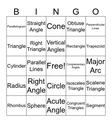 Geometry Bingo Card