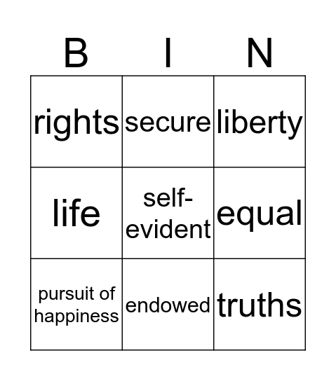 Declaration of Independence Bingo Card