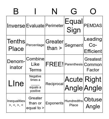 Math Bingo Card