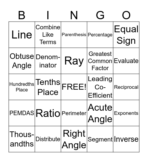 Math Bingo Card