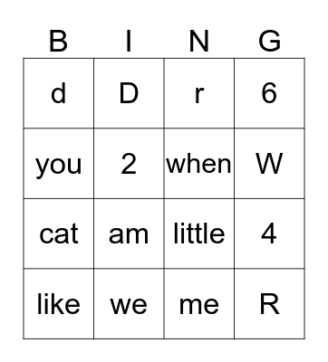 Sight Words Bingo Card