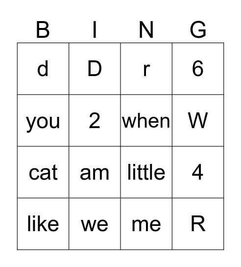 Sight Words Bingo Card