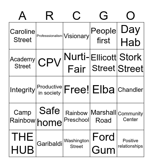 2019 ARC OF GENESEE ORLEANS Bingo Card