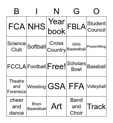 School Activities Bingo Card