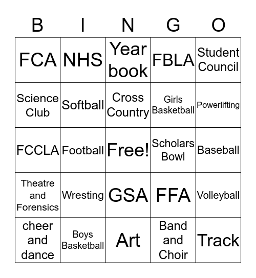 School Activities Bingo Card