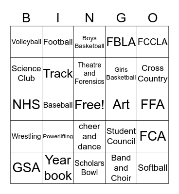 School Activities Bingo Card