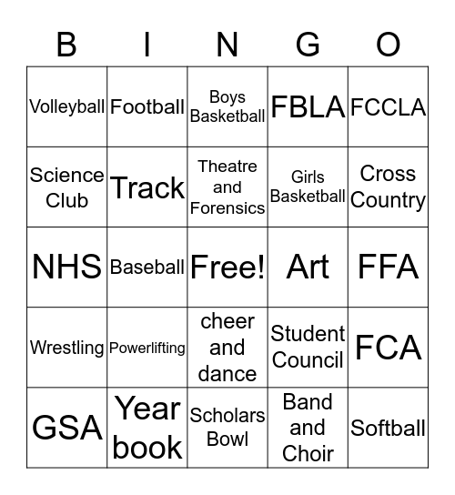 School Activities Bingo Card