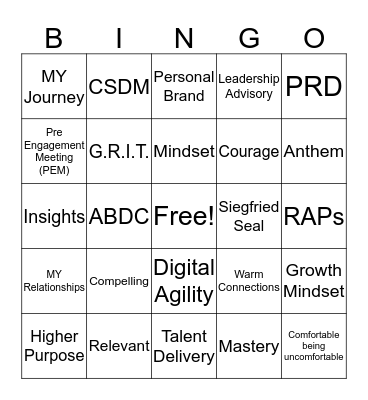 Siegfried Orientation Bingo Card