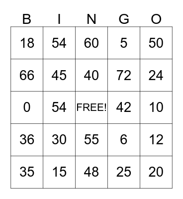 Multiplication 5s and 6s Bingo Card