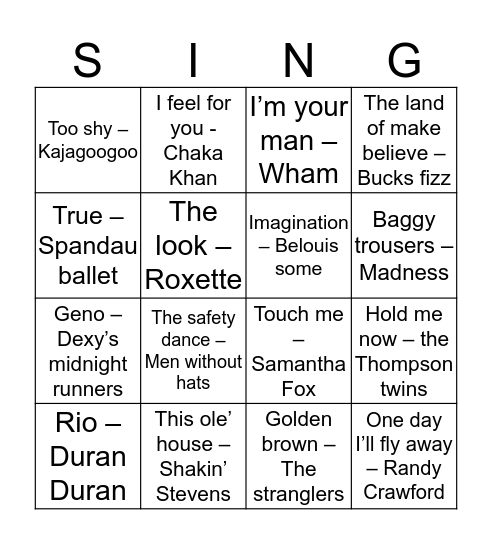 MORE HITS OF THE 80s  Bingo Card